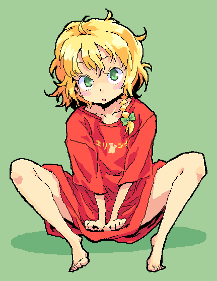 roku, roku (warrock), kirisame marisa, touhou, 1girl, barefoot, blonde hair, bottomless, braid, casual, feet, female focus, green eyes, oekaki, oversized clothes, sitting, solo