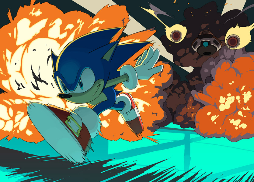 go robots, dr. eggman, sonic the hedgehog, sega, sonic (series), blue eyes, explosion, fire, furry, furry male, game console, gloves, male focus, missile, motion blur, motion lines, running, sega mega drive, smirk, speed lines, white gloves