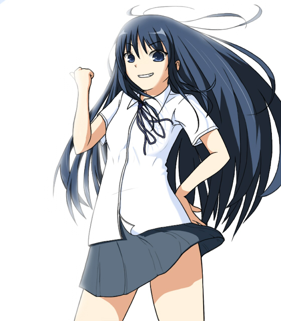 suzumiya annko, kanou sumire, toradora!, bad id, bad pixiv id, 00s, 1girl, blue eyes, blue hair, female focus, long hair, matching hair/eyes, simple background, smile, solo, victory pose