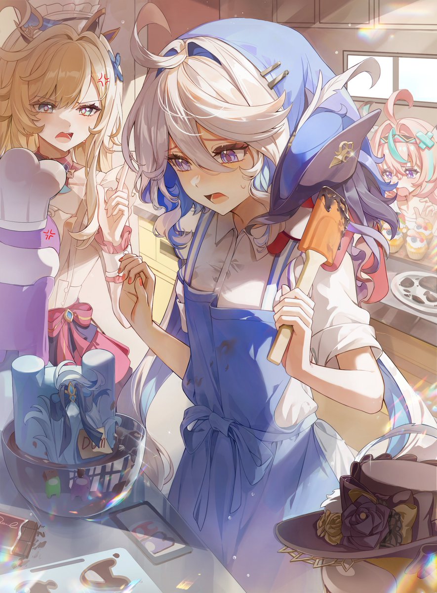 dasha, crewmate (among us), escoffier (genshin impact), furina (genshin impact), navia (genshin impact), varesa (genshin impact), among us, genshin impact, commentary, highres, promotional art, 3girls, ahoge, alternate costume, anger vein, apron, blonde hair, blue apron, blue eyes, blue hair, chef, chef hat, cosplay, hair between eyes, hat, holding, indoors, looking at another, mismatched pupils, multiple girls, navia (genshin impact) (cosplay), pink hair, shirt, sleeves rolled up, white shirt