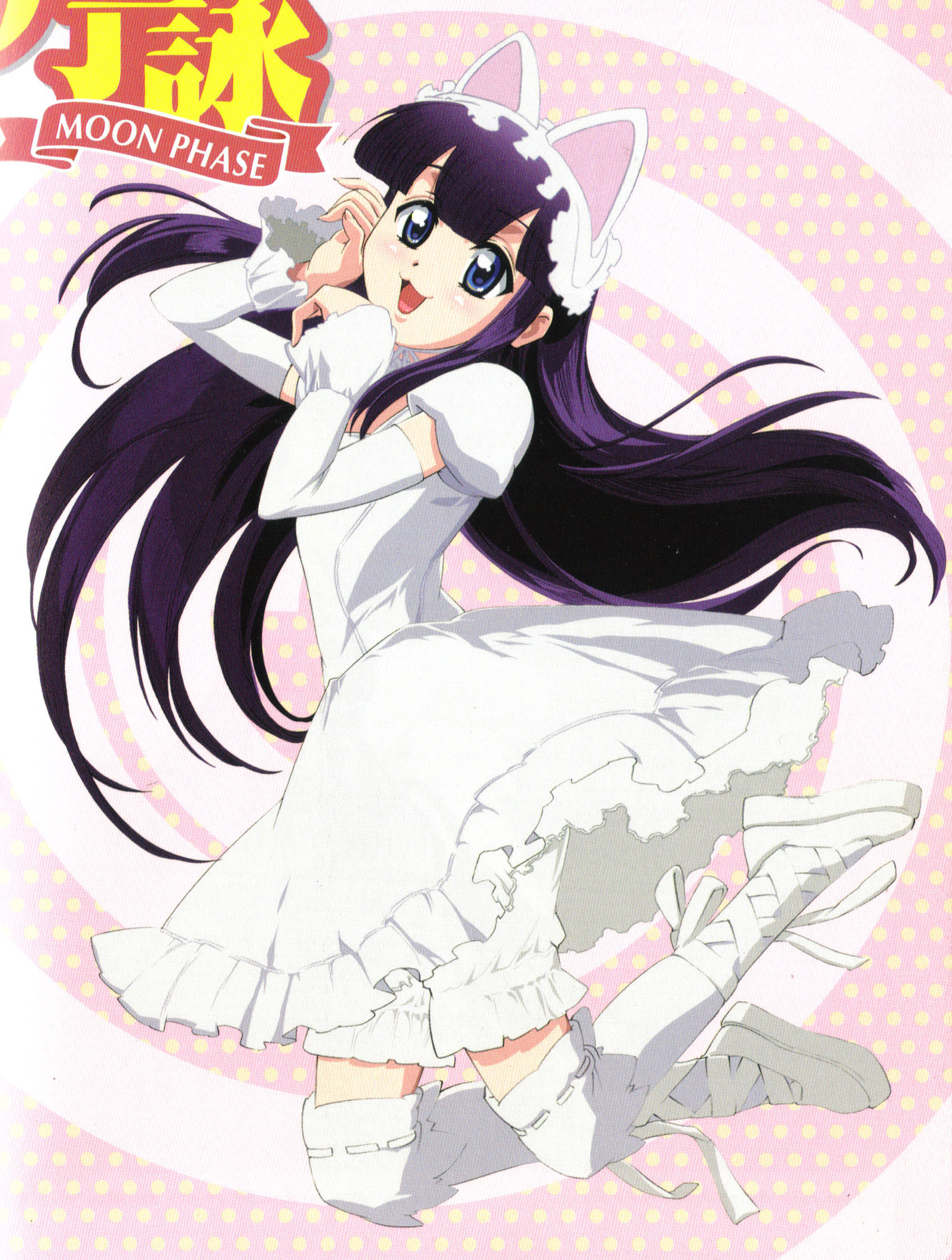 hazuki (tsukuyomi), tsukuyomi moonphase, highres, scan, scan artifacts, 00s, 1girl, :3, animal ears, cat ears, female focus, solo, thighhighs