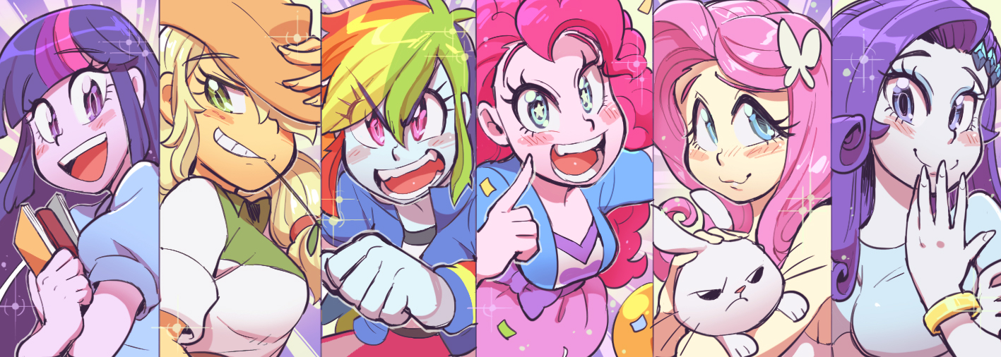 sanjiro (tenshin anman), angel bunny, applejack, applejack (equestria girls), fluttershy, fluttershy (equestria girls), mane six (my little pony), pinkie pie, pinkie pie (equestria girls), rainbow dash, rainbow dash (equestria girls), rarity (equestria girls), rarity (my little pony), twilight sparkle, twilight sparkle (human), my little pony, my little pony: equestria girls, my little pony: friendship is magic, commentary, 6+girls, animification, blonde hair, blue eyes, blue eyeshadow, blue skin, blush, book, bracelet, breasts, butterfly hair ornament, colored skin, cowboy hat, curly hair, eyeshadow, green eyes, grin, hair ornament, hat, holding, holding book, jewelry, long hair, looking at viewer, makeup, medium breasts, multicolored hair, multiple girls, open clothes, orange skin, pink eyes, pink hair, pink skin, print shirt, purple eyes, purple hair, purple skin, rabbit, rainbow hair, shirt, skirt, smile, streaked hair, white skin, yellow skin