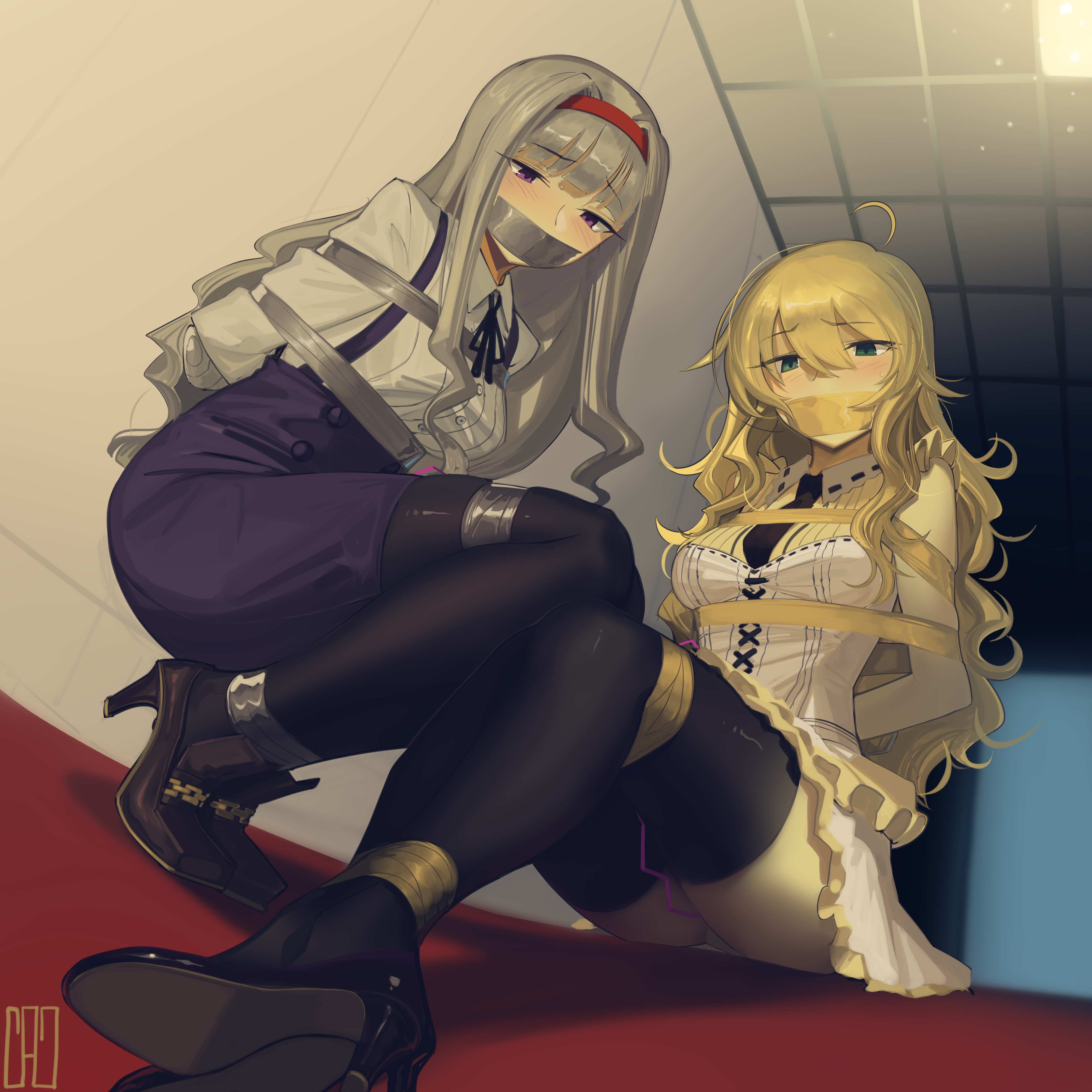 cad (caddo), hoshii miki, shijou takane, idolmaster, idolmaster (classic), absurdres, commentary, commission, english commentary, highres, second-party source, 2girls, ahoge, arms behind back, artist logo, bdsm, black thighhighs, blonde hair, blush, bondage, bound, bound arms, bound legs, breasts, gag, green eyes, grey hair, hairband, high heels, improvised gag, indoors, logo, long hair, multiple girls, pantyhose, purple eyes, red hairband, shirt, sitting, skirt, squatting, tape, tape bondage, tape gag, thighhighs, vibrator cord, white shirt