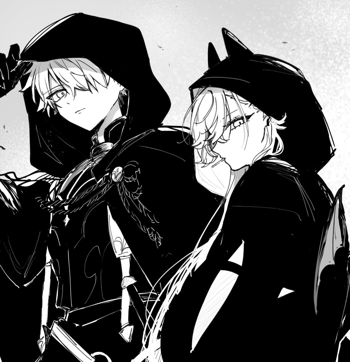 mo (aabx315), galahad (fate), lilith (fate), lilith (first ascension) (fate), fate/grand order, fate (series), 1boy, 1girl, arm up, armor, bat wings, black hoodie, cloak, expressionless, hair between eyes, hair over one eye, hood, hooded cloak, hoodie, horns, lollipop in mouth, looking at viewer, monochrome, sword, weapon, wings