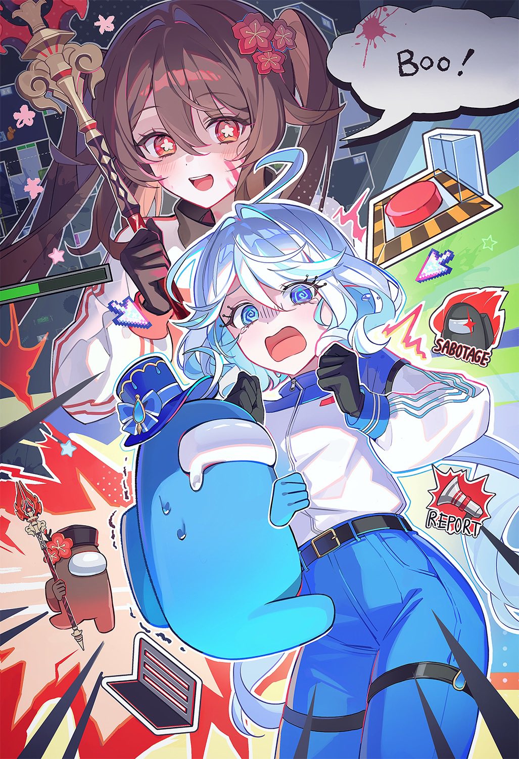 miho (mymiho), crewmate (among us), furina (genshin impact), hu tao (genshin impact), impostor (among us), among us, genshin impact, commentary, highres, promotional art, 2girls, @ @, alternate costume, belt, black belt, black gloves, blue eyes, blue pants, bright pupils, cosplay, flower-shaped pupils, furina (genshin impact) (cosplay), gloves, hair between eyes, hu tao (genshin impact) (cosplay), long hair, long sleeves, multiple girls, open mouth, pants, red eyes, shirt, speech bubble, symbol-shaped pupils, tearing up, white shirt