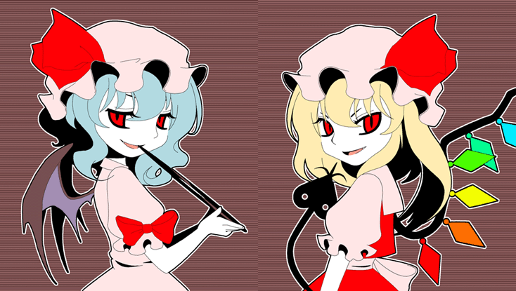 mzh, flandre scarlet, remilia scarlet, touhou, 2girls, blonde hair, blue hair, female focus, hat, laevatein, looking back, mob cap, multiple girls, pale skin, red eyes, short hair, siblings, simple background, sisters, smirk, wings