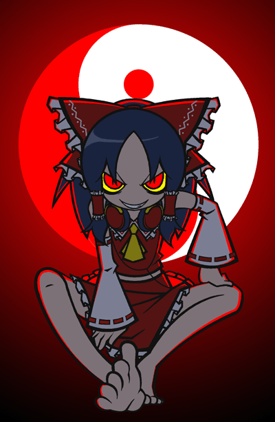 mzh, hakurei reimu, touhou, 1girl, ascot, barefoot, black hair, bow, colored sclera, detached sleeves, evil smile, female focus, full body, hair bow, hair tubes, long sleeves, looking at viewer, red bow, red eyes, red skirt, ribbon-trimmed sleeves, ribbon trim, short hair, sidelocks, sitting, skirt, smile, soles, solo, toes, vest, yellow sclera