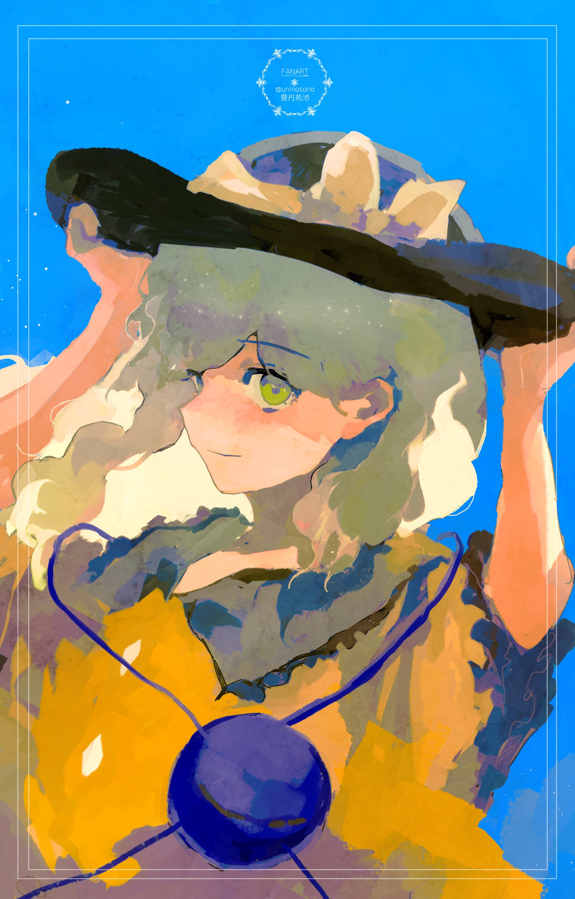 uninosono, komeiji koishi, touhou, absurdres, highres, 1girl, black hat, blue background, buttons, diamond button, eyeball, frilled shirt collar, frilled sleeves, frills, green eyes, green hair, hat, hat ribbon, ribbon, shirt, third eye, wide sleeves, yellow ribbon, yellow shirt