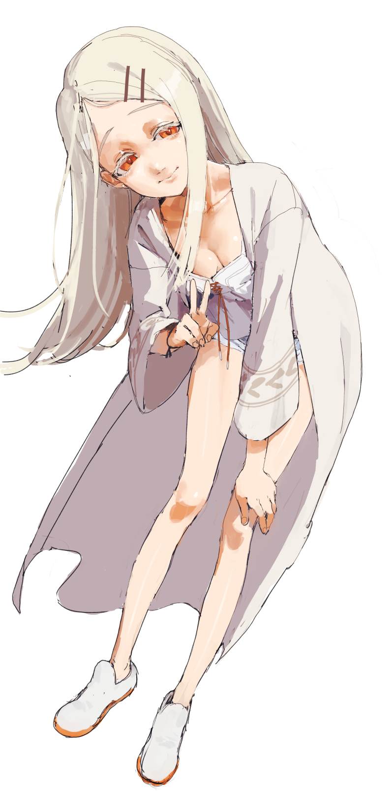 eric ueda, shinosawa hiro, gakuen idolmaster, idolmaster, highres, 1girl, blonde hair, breasts, camisole, coat, full body, leaning forward, long hair, looking at viewer, open clothes, open coat, orange eyes, shorts, simple background, small breasts, smile, solo, v, white background
