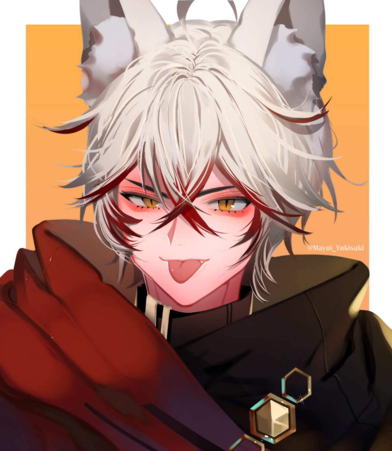 yukisaki mayui, indie virtual youtuber, commentary, commission, english commentary, highres, 1boy, :p, animal ears, artist name, border, crossed bangs, double-parted bangs, hair between eyes, looking at viewer, male focus, multicolored hair, outside border, portrait, red streaks, short hair, slit pupils, smile, solo, streaked hair, tongue, tongue out, virtual youtuber, white border, white hair, wolf boy, wolf ears, yellow background, yellow eyes, zeno (vtuber)