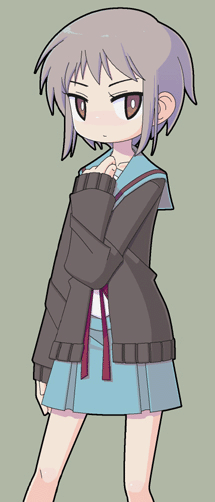 mzh, nagato yuki, suzumiya haruhi no yuuutsu, 00s, 1girl, cardigan, female focus, grey background, purple eyes, purple hair, school uniform, serafuku, short hair, simple background, skirt, solo, standing