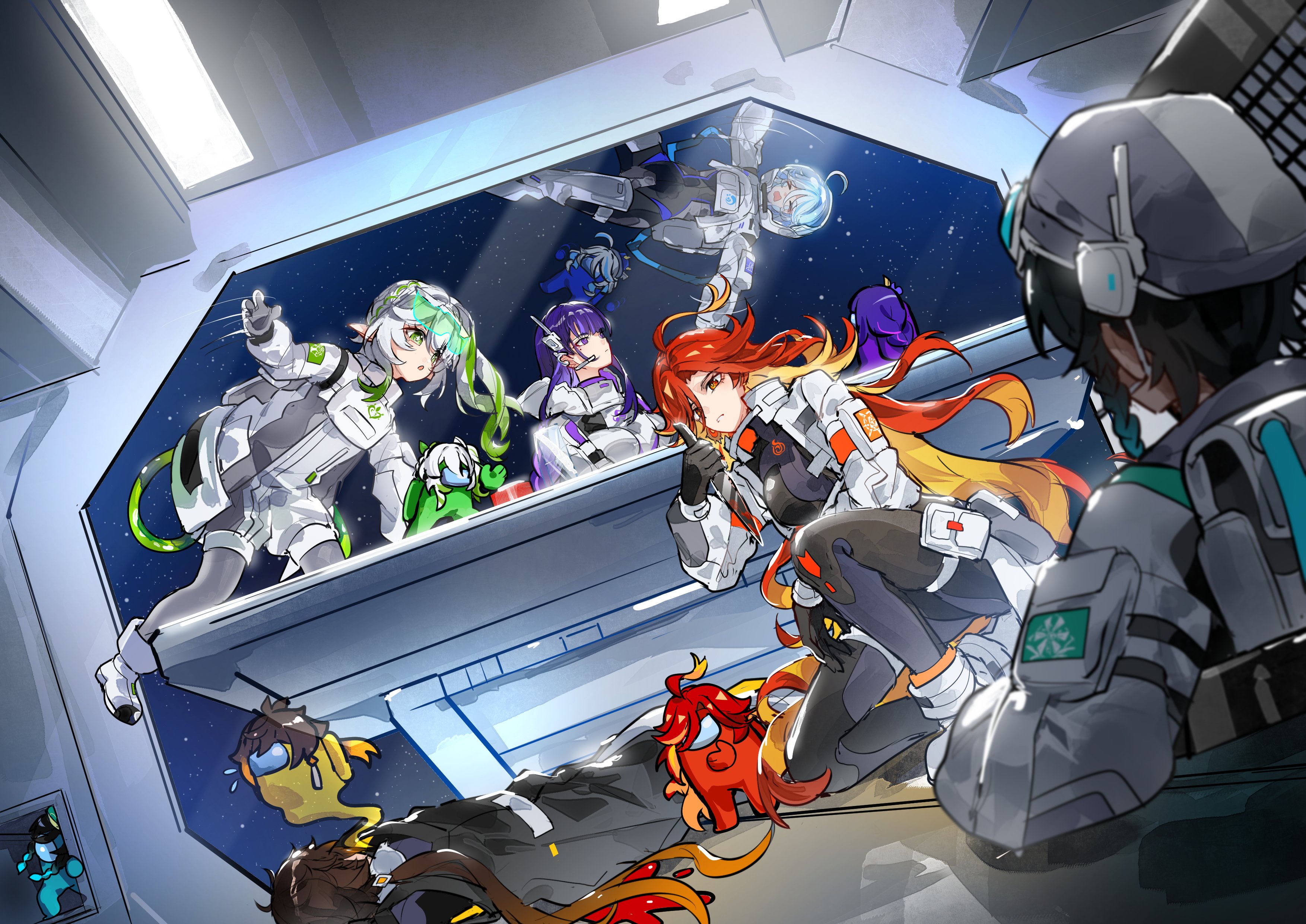 grape (grapedraws), crewmate (among us), furina (genshin impact), impostor (among us), mavuika (genshin impact), nahida (genshin impact), raiden shogun, venti (genshin impact), zhongli (genshin impact), among us, genshin impact, absurdres, commentary, hashtag-only commentary, highres, promotional art, 2boys, 4girls, 4others, ahoge, alternate costume, black gloves, blonde hair, blue eyes, closed mouth, cosplay, death, furina (genshin impact) (cosplay), gloves, green hair, grey hair, helmet, long hair, long sleeves, mavuika (genshin impact) (cosplay), multiple boys, multiple girls, multiple others, nahida (genshin impact) (cosplay), navel, on one knee, parted lips, purple hair, raiden shogun (cosplay), red eyes, red hair, side ponytail, space helmet, spacesuit, venti (genshin impact) (cosplay), very long hair, zhongli (genshin impact) (cosplay)