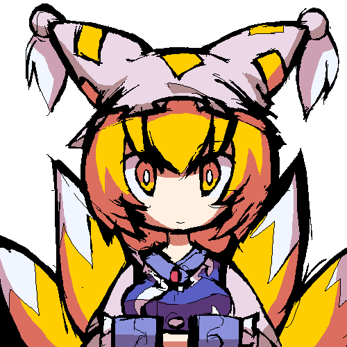 mzh, yakumo ran, touhou, lowres, 1girl, animal hat, blonde hair, crazy eyes, female focus, frills, hat, long sleeves, looking back, mob cap, oekaki, own hands together, short hair, sleeves past wrists, solo, tabard, tassel, white background