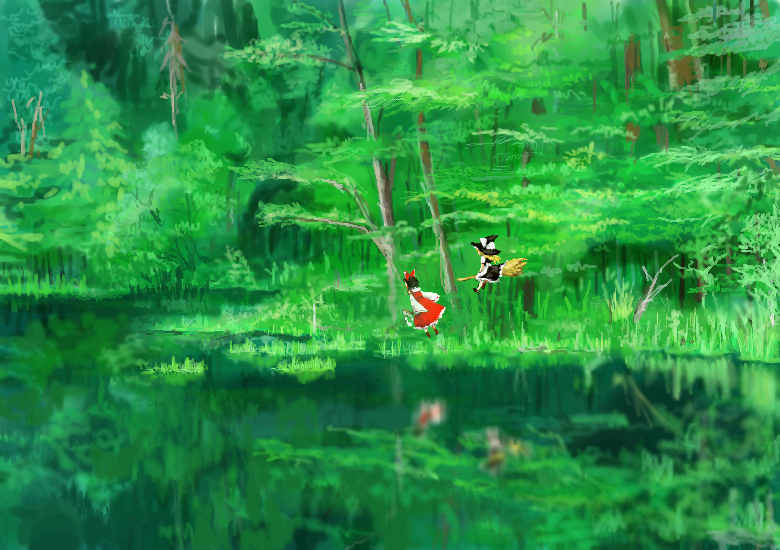 poncho (poncho), hakurei reimu, kirisame marisa, touhou, 2girls, black hair, blonde hair, bow, broom, broom riding, detached sleeves, female focus, flying, forest, green theme, hair bow, hat, japanese clothes, miko, multiple girls, nature, oekaki, pond, reflection, scenery, water, witch, witch hat
