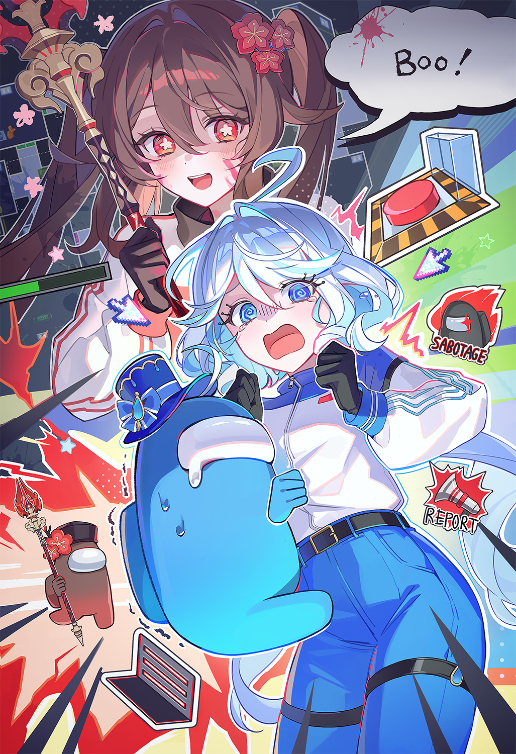 miho (mymiho), crewmate (among us), furina (genshin impact), hu tao (genshin impact), impostor (among us), among us, genshin impact, highres, promotional art, 2girls, @ @, alternate costume, belt, black belt, black gloves, blue eyes, blue pants, bright pupils, cosplay, flower-shaped pupils, furina (genshin impact) (cosplay), gloves, hair between eyes, hu tao (genshin impact) (cosplay), long hair, long sleeves, multiple girls, open mouth, pants, red eyes, shirt, speech bubble, symbol-shaped pupils, tearing up, white shirt