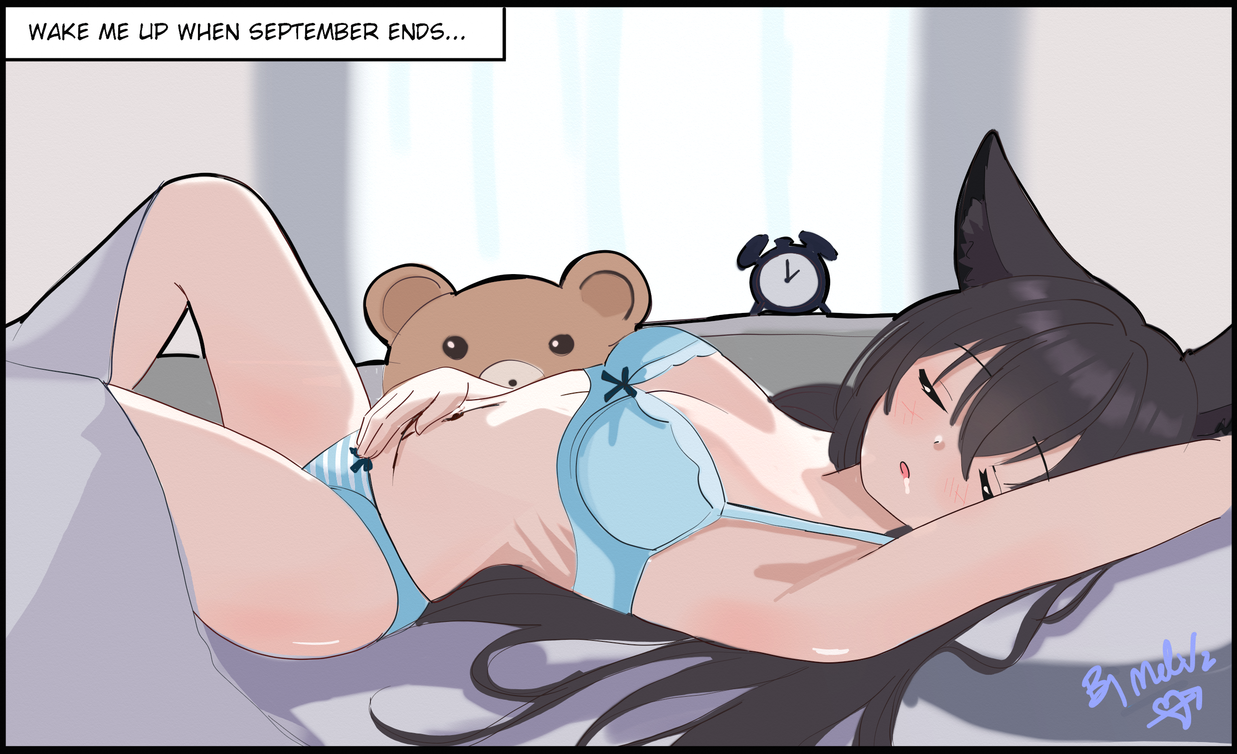 melissa v2, yukino (blue archive), blue archive, highres, 1girl, animal ear fluff, animal ears, armpits, black hair, blue bra, blue panties, blush, bra, closed eyes, fox ears, fox girl, hand on own stomach, lying, on back, open mouth, panties, saliva, sleeping, solo, under covers, underwear, underwear only