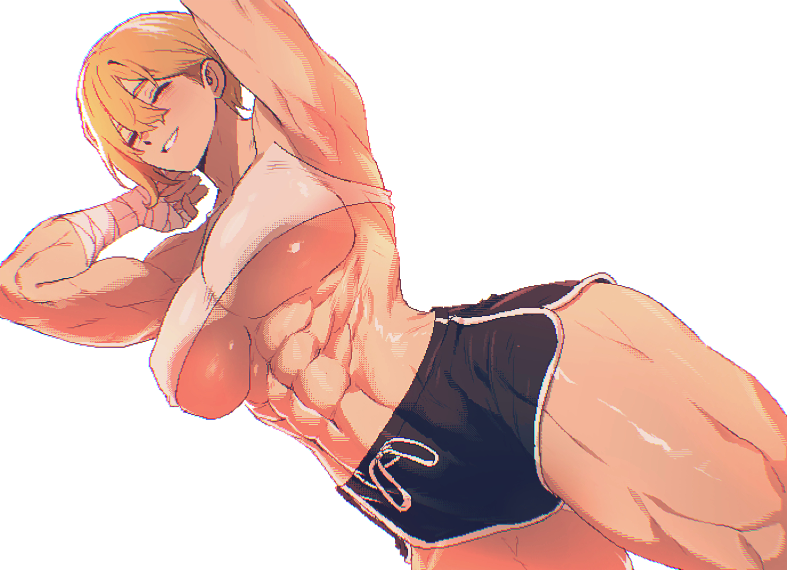 spoiledmuffin, original, commentary request, highres, korean commentary, 1girl, abs, arm up, arm wrap, armpits, bell (spoiledmuffin), black shorts, blonde hair, breasts, closed eyes, cowboy shot, dolphin shorts, double-parted bangs, dutch angle, grin, hair between eyes, hand up, large breasts, muscular, muscular female, navel, pixel art, short hair, short shorts, shorts, simple background, smile, solo, sports bra, standing, thick thighs, thighs, underboob, white background, white sports bra