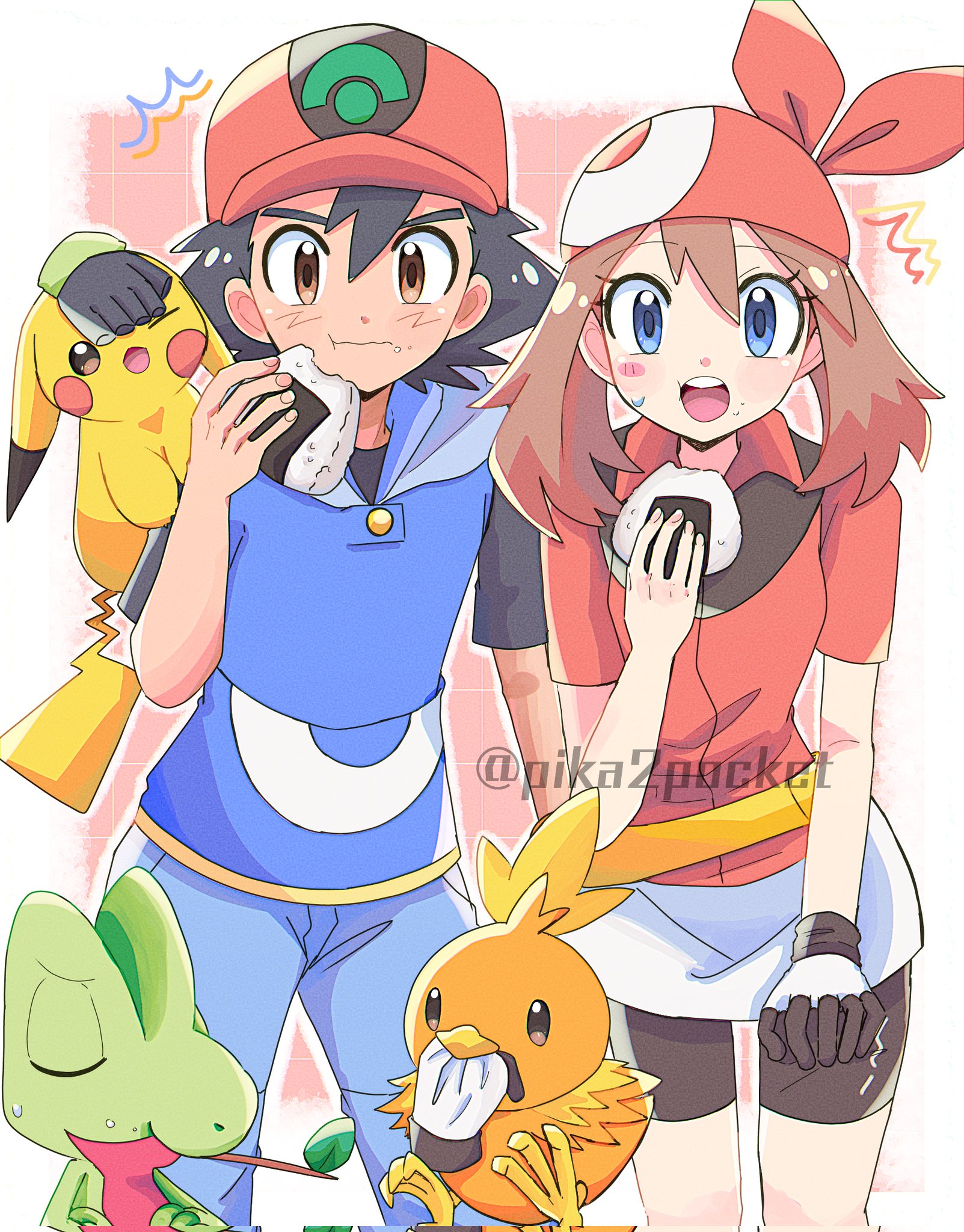 pika2pocket, ash ketchum, may (pokemon), pikachu, torchic, treecko, nintendo, pokemon, pokemon (anime), pokemon rse (anime), corrupted twitter file, highres, 1boy, 1girl, bandana, bike shorts, black hair, black shorts, blue eyes, blue pants, brown eyes, brown hair, closed mouth, eating, eyelashes, food, food on face, gen 1 pokemon, gen 3 pokemon, glove in mouth, gloves, hair between eyes, hat, mouth hold, on shoulder, onigiri, open mouth, pants, pokemon (creature), pokemon on shoulder, red bandana, red hat, red shirt, shirt, short sleeves, shorts, stalk in mouth, twitter username