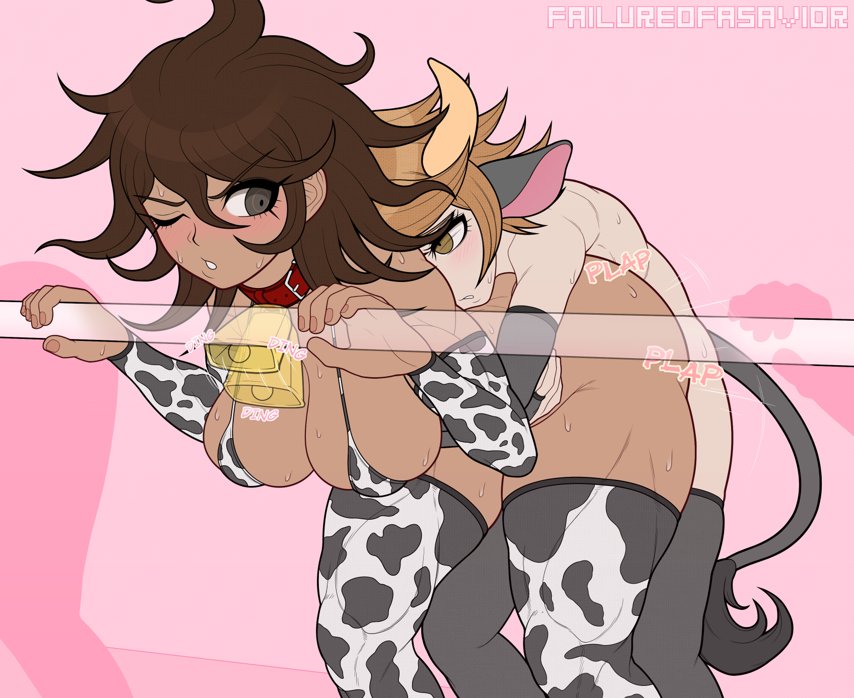 failureofasavior, fujisaki chihiro, owari akane, danganronpa: trigger happy havoc, danganronpa (series), danganronpa 2: goodbye despair, highres, 1boy, 1girl, animal ears, animal print, artist name, bell, black gloves, black thighhighs, breasts, brown eyes, brown hair, cow ears, cow horns, cow print, cow print thighhighs, cow tail, dark-skinned female, dark skin, fingerless gloves, gloves, hetero, horns, hug, hug from behind, interracial, large breasts, long hair, messy hair, neck bell, one eye closed, pink background, print thighhighs, sex, sex from behind, short hair, sweat, tail, teeth, thighhighs