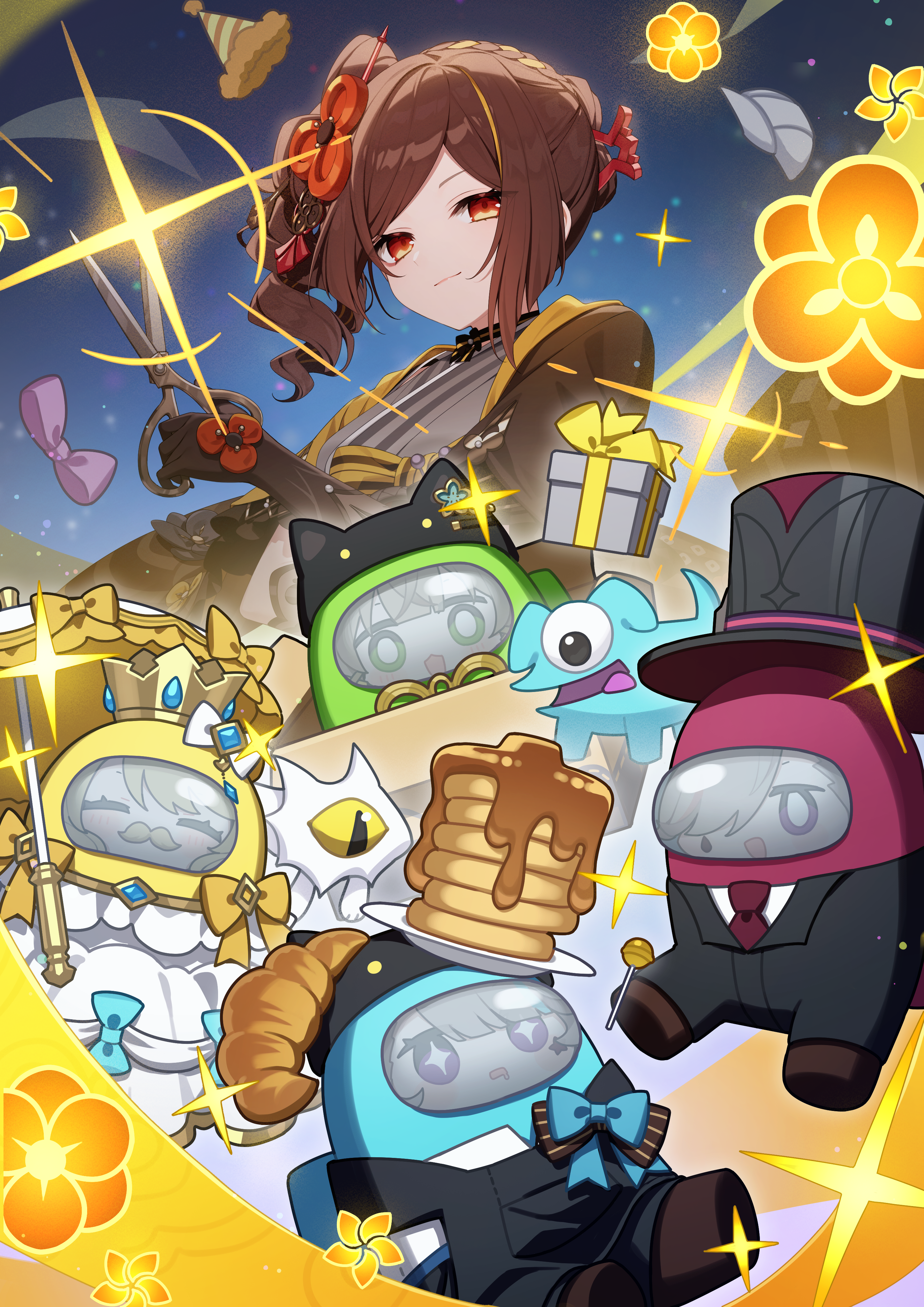 kumiya, chiori (genshin impact), kirara (genshin impact), lynette (genshin impact), lyney (genshin impact), navia (genshin impact), among us, genshin impact, absurdres, highres, 1boy, 4girls, black gloves, black hat, brown hair, closed eyes, closed mouth, crossover, flower hairpin, food, gift, gloves, grey kimono, hair over one eye, hat, holding, holding scissors, japanese clothes, kimono, long hair, looking at another, looking at viewer, multiple girls, pancake, red eyes, scissors, smile, top hat