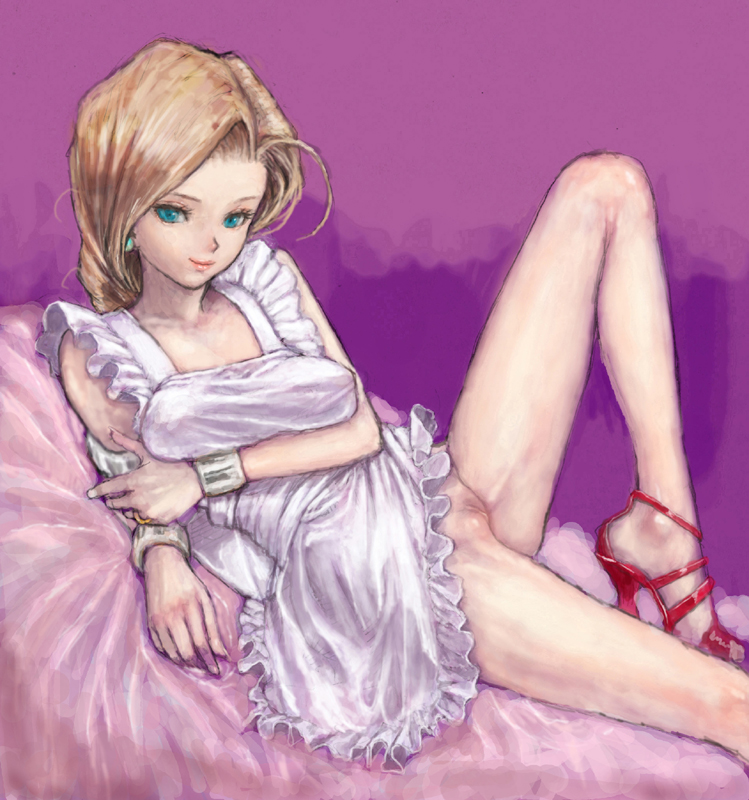 ponsuke (pon00000), bianca (dq5), dragon quest, dragon quest v, square enix, bad id, bad pixiv id, jpeg artifacts, 1girl, apron, female focus, high heels, indoors, jewelry, looking at viewer, lying, naked apron, no panties, open shoes, pussy, ring, shoes, simple background, smile, solo, uncensored