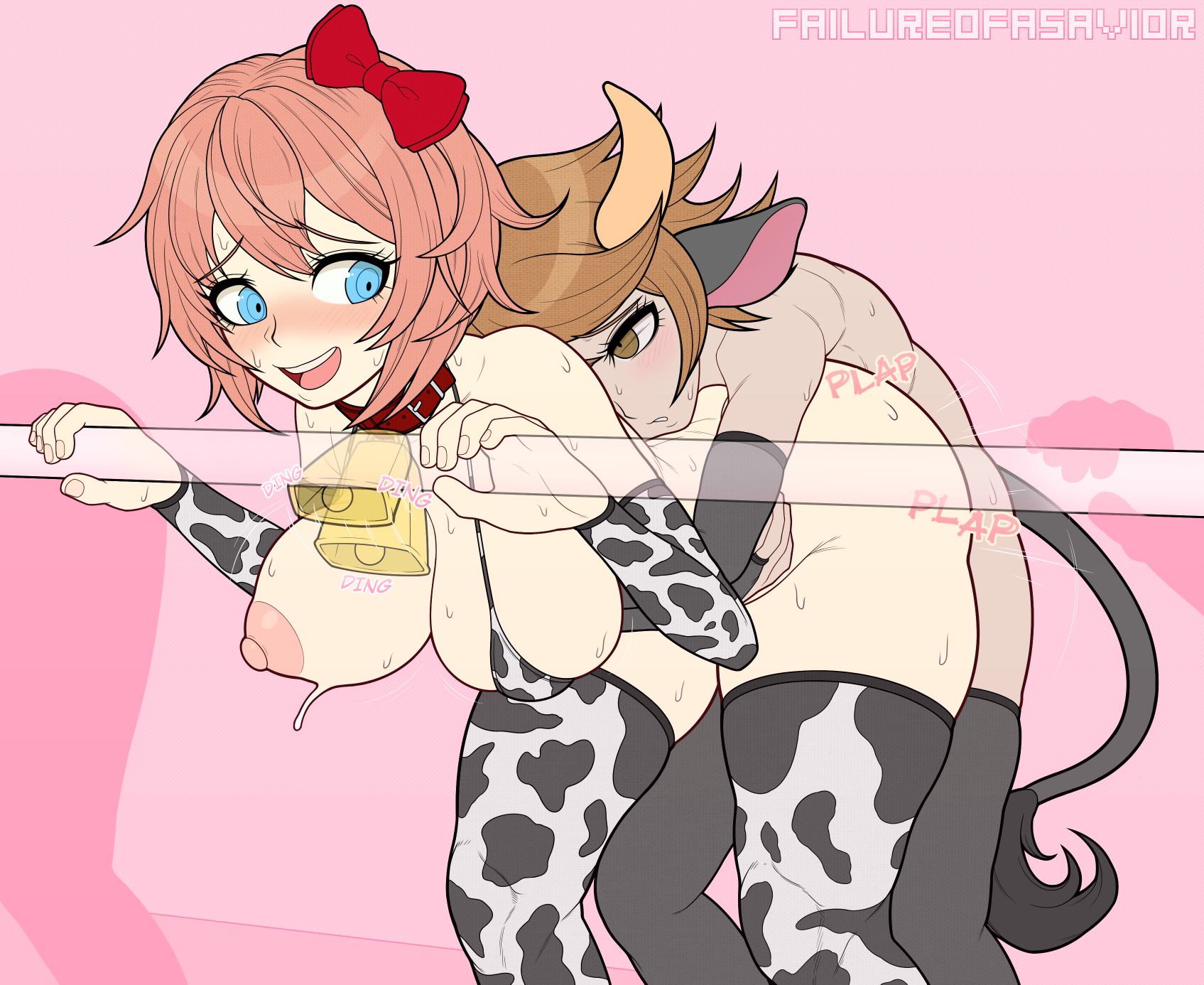 failureofasavior, fujisaki chihiro, sayori (doki doki literature club), danganronpa: trigger happy havoc, danganronpa (series), doki doki literature club, highres, 1boy, 1girl, :d, animal ears, animal print, artist name, bikini, black gloves, black thighhighs, blush, bow, breasts, brown eyes, brown hair, cow ears, cow horns, cow print, cow print bikini, cow print sleeves, cow print thighhighs, cow tail, crossover, fingerless gloves, gloves, hair bow, hetero, horns, hug, hug from behind, large breasts, nipples, open mouth, pink background, print bikini, print thighhighs, red bow, sex, sex from behind, short hair, simple background, smile, sweat, swimsuit, tail, teeth, thighhighs, upper teeth only
