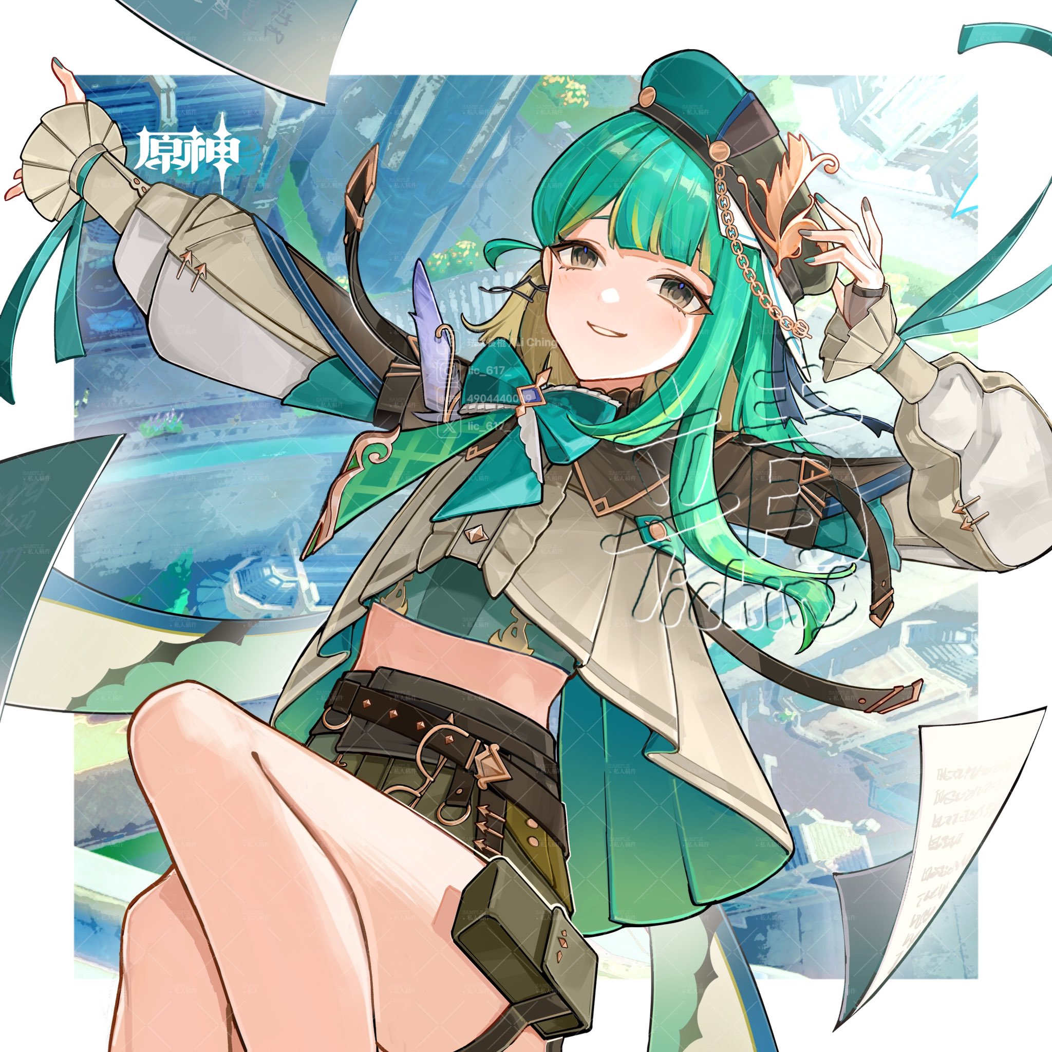 lic 617, genshin impact, original, highres, 1girl, aqua bow, belt, beret, blonde hair, blunt bangs, border, bow, brown belt, brown eyes, brown shirt, brown sleeves, buckle, chain, city, colored inner hair, feathers, frilled sleeves, frills, gold chain, green hair, green hat, green shirt, green shorts, hands up, hat, hat chain, long hair, long sidelocks, midriff peek, multicolored hair, multicolored nails, open hands, open mouth, outstretched arm, paper, pouch, shirt, shorts, sidelocks, single sidelock, sleeves past wrists, smile, solo, streaked hair, swept bangs, thigh pouch, two-sided fabric, undershirt, watermark, white border, white mouth, yellow feathers