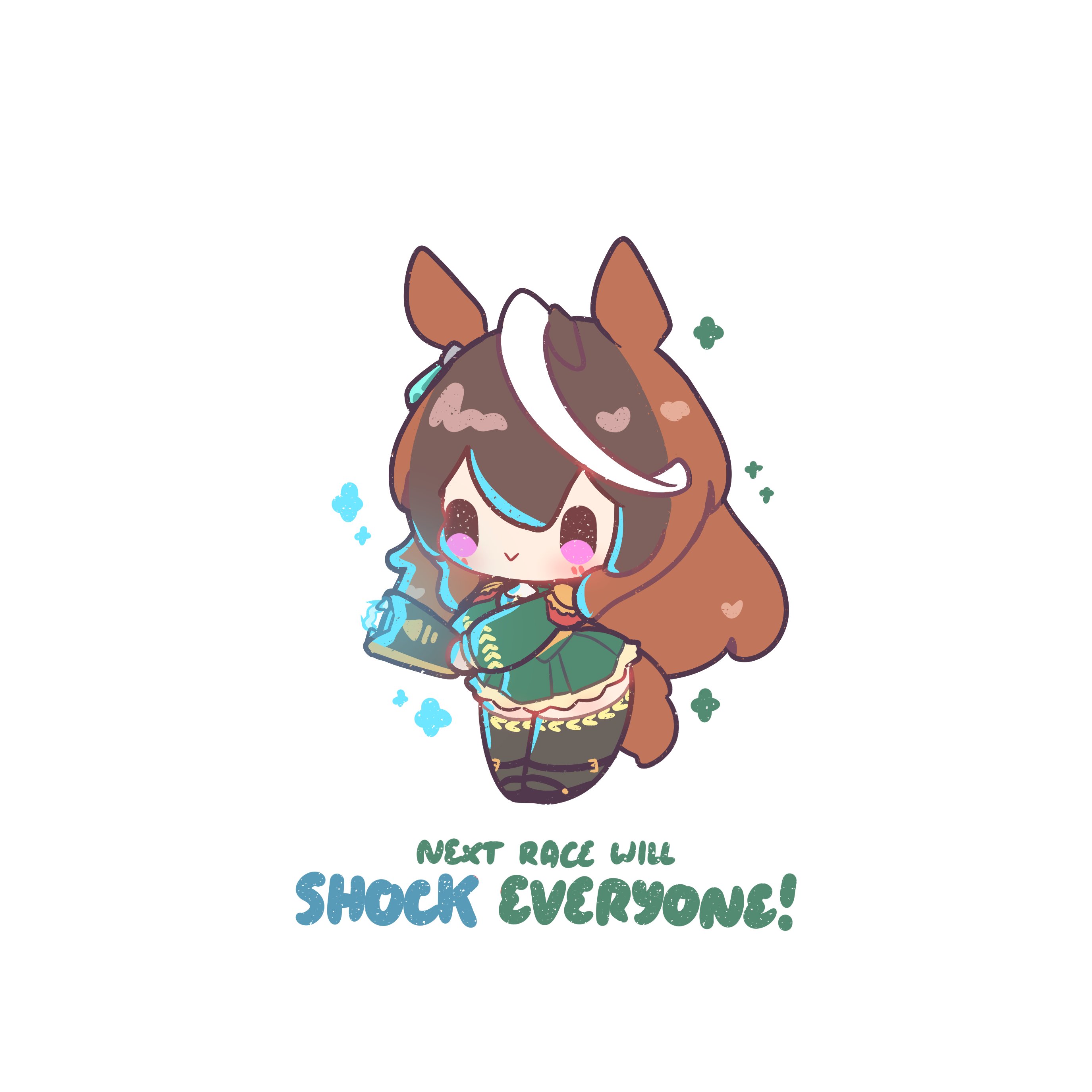 decrilus, symboli rudolf (umamusume), umamusume, absurdres, highres, 1girl, animal ears, black thighhighs, blush, brown hair, chibi, closed mouth, dress, earrings, english text, epaulettes, green dress, hair between eyes, holding, holding taser, horse ears, horse girl, horse tail, jewelry, long hair, long sleeves, multicolored hair, purple eyes, shoes, simple background, single earring, smile, streaked hair, tail, taser, thighhighs, white background, white hair