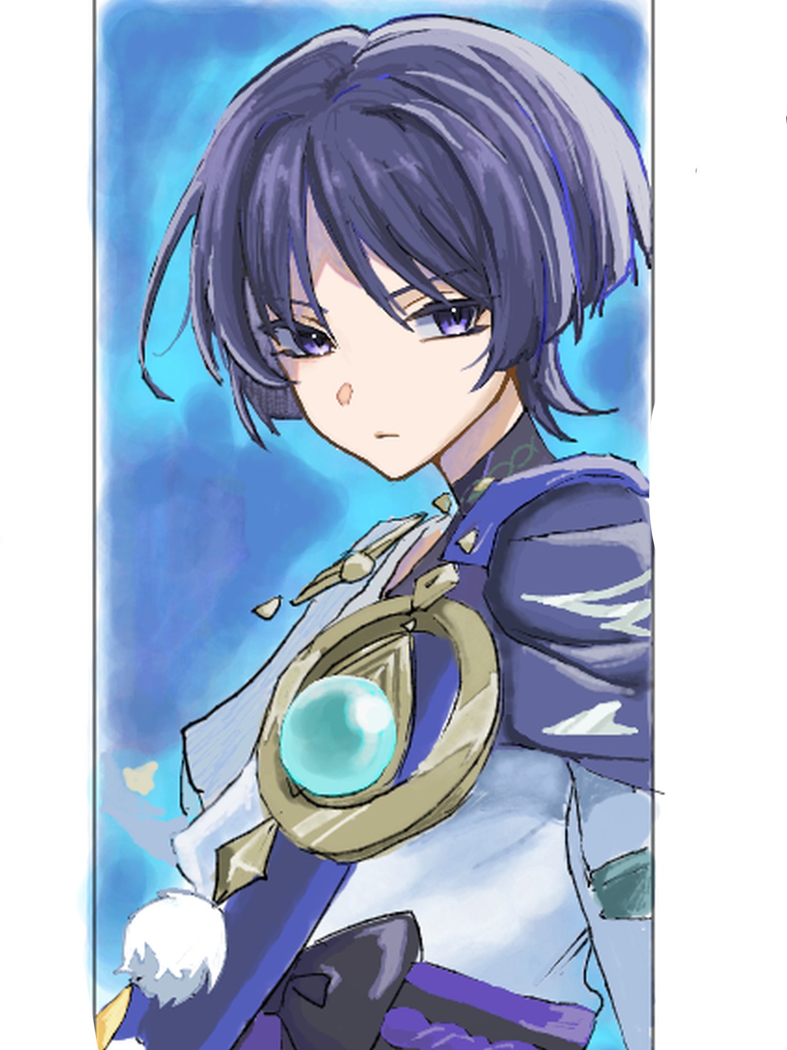 purinigax, scaramouche (genshin impact), wanderer (genshin impact), genshin impact, highres, 1boy, aqua gemstone, aqua sleeves, art program request, belt, black belt, black bodysuit, black bow, blunt ends, bodysuit, border, bow, cape, closed mouth, expressionless, gem, gold, layered sleeves, looking at viewer, male focus, pillarboxed, pom pom (clothes), purple cape, purple eyes, purple hair, purple rope, purple sash, rope, sash, short sleeves, solo, tsurime, turtleneck, turtleneck bodysuit, upper body, white border, white sleeves, white trim