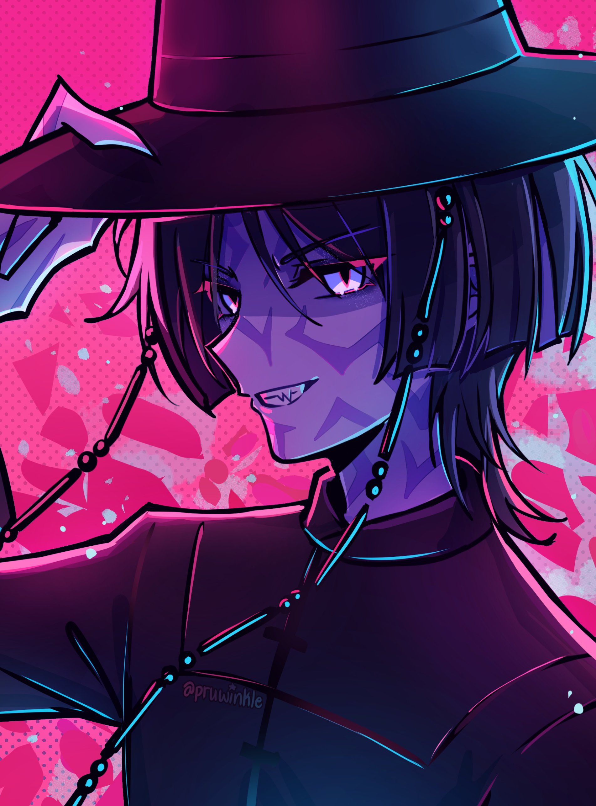 pruwinkle, jinu (kpop demon hunters), scaramouche (genshin impact), genshin impact, kpop demon hunters, absurdres, highres, 1boy, black collar, black hair, black hanbok, blunt ends, body markings, collar, cosplay, crossover, eyelashes, facial mark, fingernails, gat (hat), gatkkeun, grin, hanbok, hand up, hat, jinu (kpop demon hunters) (cosplay), korean clothes, looking at viewer, male focus, portrait, sharp fingernails, sharp teeth, slit pupils, smile, solo, teeth, tsurime, twitter username, white eyes, wispy bangs