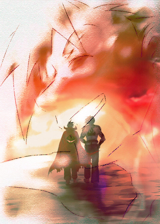 soyoking, joe (tengen toppa gurren-lagann), joe (ttgl), kamina (ttgl), tengen toppa gurren lagann, ^o^, 00s, 2boys, ^ ^, age difference, arm tattoo, back tattoo, bandages, bare shoulders, belt, cape, closed eyes, father and son, full body, grin, hands on own hips, happy, male focus, multiple boys, pants, profile, silhouette, smile, standing, tattoo, teeth, topless male, walking