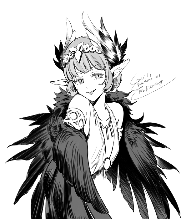 kisaragi kokoro (hazuki), circe (fate), circe (first ascension) (fate), fate/grand order, fate (series), 1girl, :p, armlet, bare shoulders, bird wings, bowed wings, dated, feather hair ornament, feathers, hair ornament, hairband, jewelry, long pointy ears, looking at viewer, monochrome, necklace, pointy ears, short hair, solo, tongue, tongue out, upper body, wings