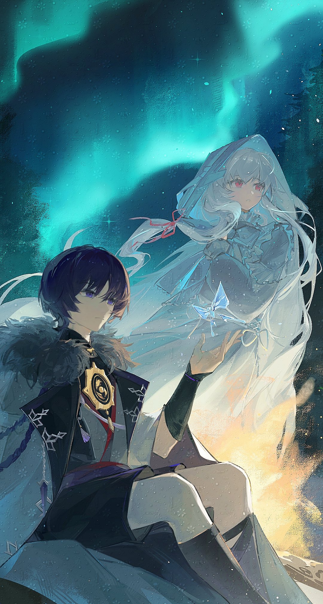 crystalfly (genshin impact), scaramouche (genshin impact), genshin impact, original, artist request, commission, highres, second-party source, 1boy, 1girl, armor, aurora, black hair, black kimono, black shorts, blunt ends, campfire, clear sky, closed mouth, coat, commissioner insert, couple, cross-laced clothes, cross-laced dress, dress, eyelashes, fatui coat, frilled dress, frilled sleeves, frills, fur-trimmed coat, fur collar, fur trim, hand up, hayami momo (hayamimomo), hetero, hood, hood up, japanese armor, japanese clothes, juban, kimono, kote, kurokote, lapels, long hair, long sleeves, looking at creature, looking to the side, mandarin collar, mitsudomoe (shape), night, night sky, oc x canon, open clothes, open coat, open hand, open mouth, outdoors, pink eyes, purple eyes, purple sash, red kimono, red sash, sash, shorts, sitting, sky, standing, star (sky), tomoe (symbol), tree, very long hair, white coat, white dress, white hair, white hood, white kimono, white mouth, winter clothes, winter coat