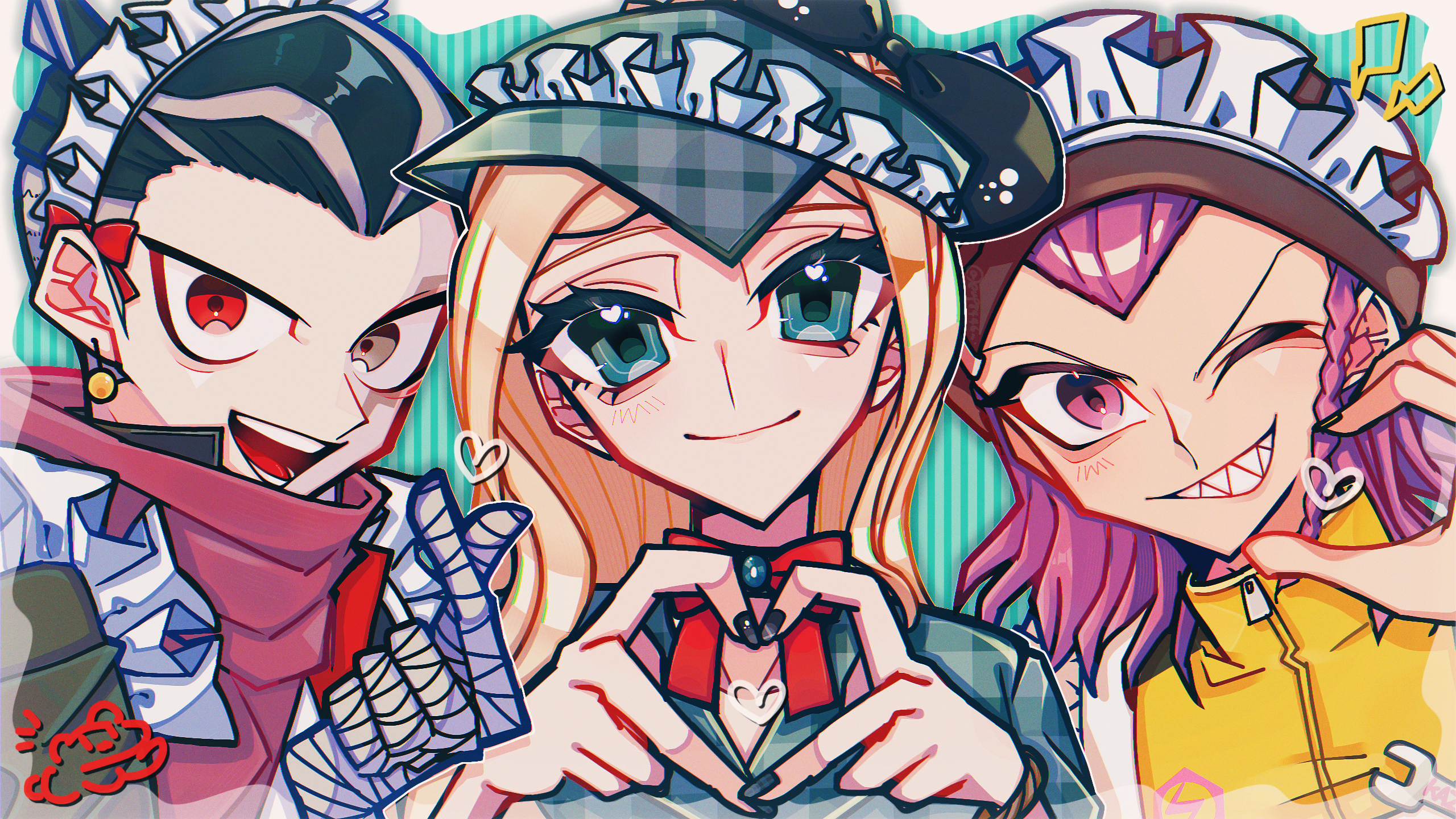 meta akira, soda kazuichi, sonia nevermind, tanaka gundham, danganronpa (series), danganronpa 2: goodbye despair, highres, 1girl, 2boys, :d, bandaged hand, bandages, black hair, black nails, blonde hair, bow, bowtie, braid, earrings, finger heart, green eyes, grin, hat, heart, jacket, jewelry, long hair, medium hair, multicolored hair, multiple boys, nail polish, open mouth, pink hair, plaid hat, portrait, red bow, red bowtie, red eyes, sharp teeth, smile, teeth, two-tone hair, yellow jacket