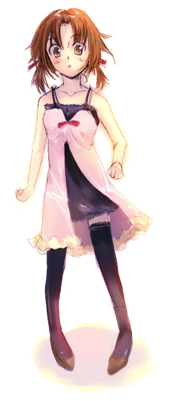 tamaki fuyu, original, 1girl, bare shoulders, black thighhighs, blush, brown hair, collarbone, dress, female focus, full body, looking at viewer, pink dress, simple background, sleeveless, sleeveless dress, solo, sundress, thighhighs, twintails, white background, zettai ryouiki