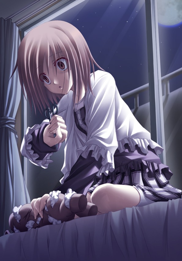 kago no tori, original, 1girl, blank stare, brown eyes, brown hair, curtains, empty eyes, expressionless, female focus, frilled shirt, frills, from below, hair between eyes, hand up, holding, holding scissors, indoors, kneeling, matching hair/eyes, medium hair, moon, night, night sky, nose, on bed, parted lips, pleated skirt, scissors, shirt, short hair, skirt, sky, solo, star (sky), stuffed animal, stuffed toy, swept bangs, teddy bear, window, yandere