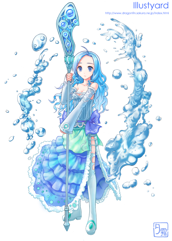 yuugiri (u-slash), original, 1girl, blue eyes, blue hair, fantasy, female focus, long hair, matching hair/eyes, solo, staff, thighhighs, water