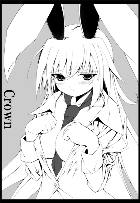 repair, reisen udongein inaba, touhou, 1girl, animal ears, blush, breasts, cleavage, female focus, grey background, greyscale, half-closed eyes, large breasts, long sleeves, looking at viewer, monochrome, necktie, paw pose, rabbit ears, simple background, solo, upper body