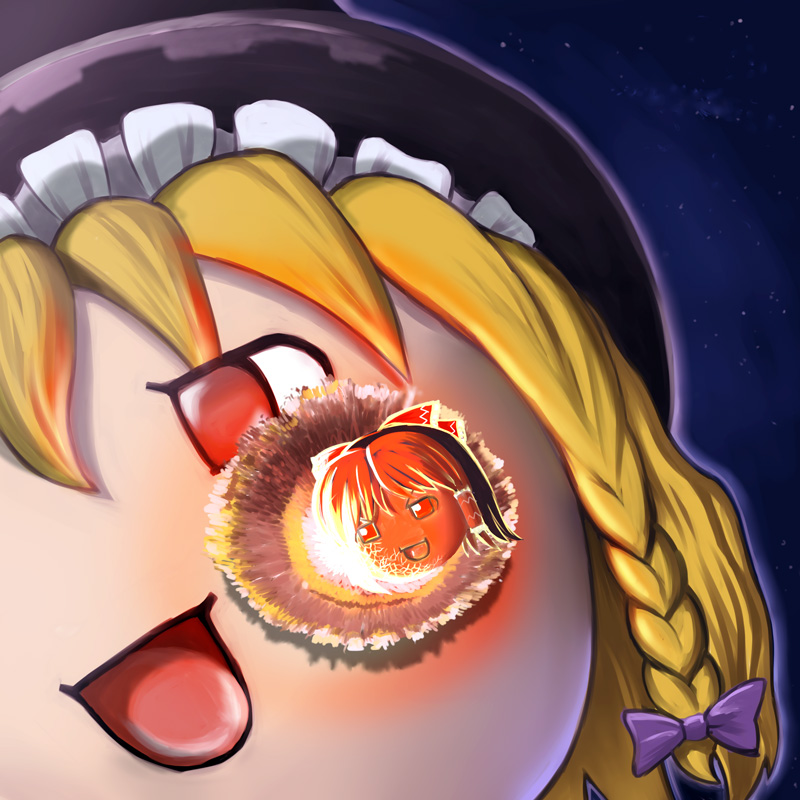 mycomputer, hakurei reimu, kirisame marisa, touhou, bad id, bad pixiv id, blonde hair, braid, crack, crater, explosion, female focus, no humans, yukkuri shiteitte ne