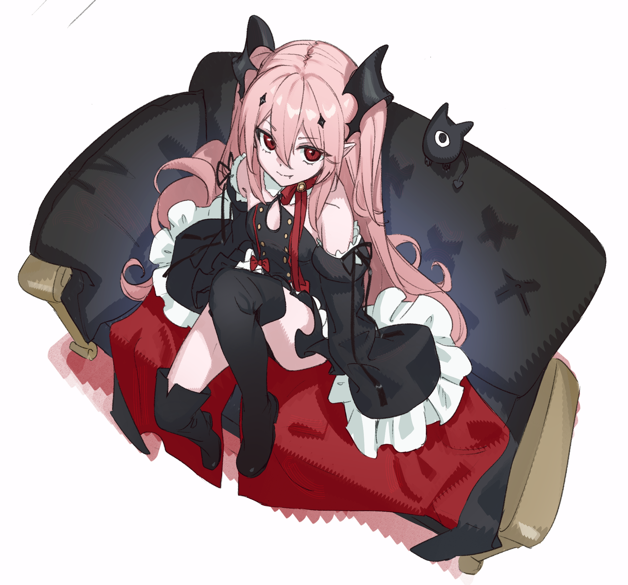 uito yzwa, arukanu, krul tepes, owari no seraph, commentary request, highres, 1girl, bare shoulders, bat (animal), black cape, black couch, black dress, black ribbon, black thighhighs, boots, bow, buttons, cape, collar, couch, detached collar, detached sleeves, diamond hair ornament, double-breasted, double-parted bangs, dress, fang, frilled sleeves, frills, from above, full body, knee up, long hair, looking at viewer, looking up, neck ribbon, on couch, pink hair, pointy ears, red bow, red cape, red eyes, red ribbon, ribbon, sidelocks, simple background, smile, teardrop cutout, thigh boots, thighhighs, two-tone cape, two side up, vampire, very long sleeves, white background, white collar, wide sleeves