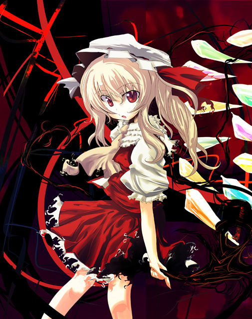 asagi (kabocha oukoku), flandre scarlet, touhou, 1girl, blonde hair, blouse, female focus, from side, hat, mob cap, red background, red eyes, shirt, solo, white hat, white shirt, wings