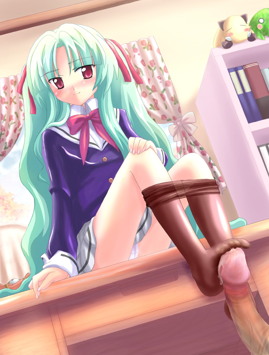 highres, 1girl, blush, censored, clothed female nude male, cum, feet, footjob, footjob with legwear, green hair, mosaic censoring, nude, panties, pantyhose, penis, red eyes, ribbon, solo focus, underwear
