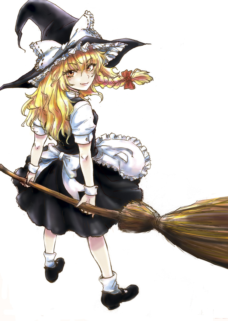 osakana (denpa yun'yun), kirisame marisa, touhou, 1girl, apron, blonde hair, bow, braid, broom, broom riding, dress, female focus, full body, hat, simple background, solo, white background