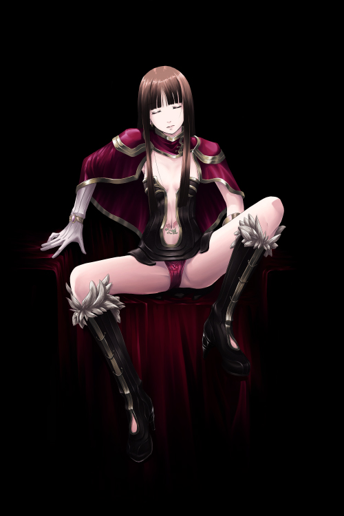mr.romance, creator (ragnarok online), ragnarok online, 1girl, boots, brown hair, cape, closed eyes, dark, female focus, gloves, long hair, panties, red panties, solo, spread legs, tattoo, underwear