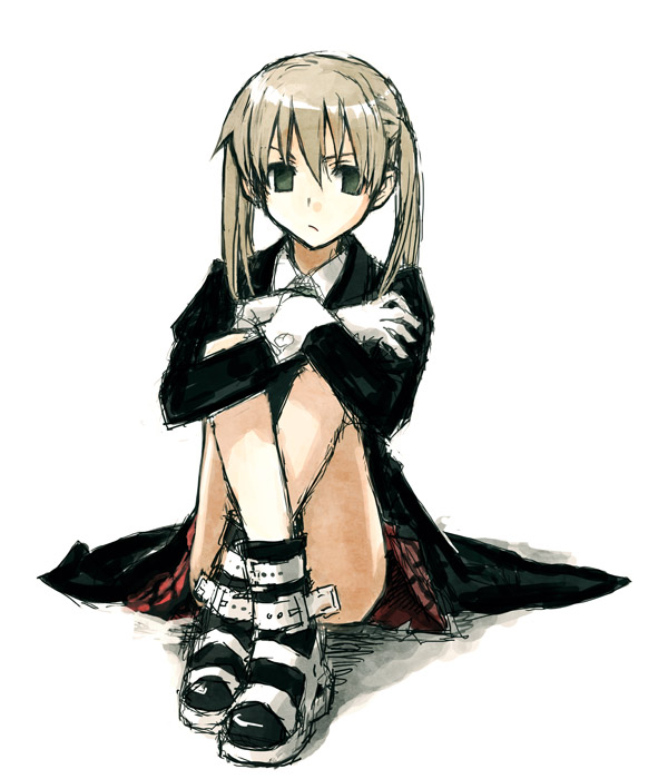 konoe ototsugu, maka albarn, soul eater, silver hair, striped, 00s, 1girl, boots, crossed arms, crossed legs, empty eyes, female focus, frown, full body, gloves, green eyes, hair between eyes, hugging own legs, jacket, looking at viewer, miniskirt, plaid clothes, plaid skirt, shadow, simple background, sitting, sketch, skirt, solo, strap, twintails, white background, wrist cuffs
