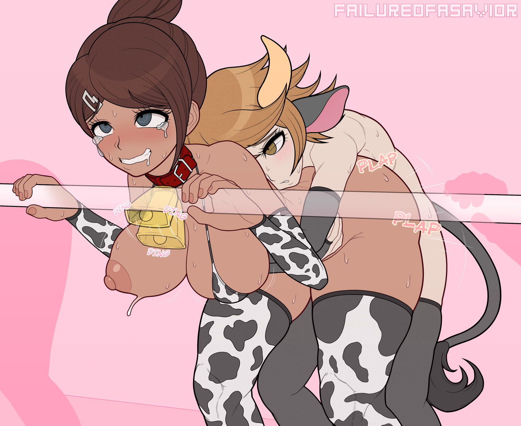 failureofasavior, asahina aoi, fujisaki chihiro, danganronpa: trigger happy havoc, danganronpa (series), highres, 1boy, 1girl, animal ears, animal print, artist name, bikini, black eyes, black gloves, black thighhighs, blush, breasts, brown eyes, brown hair, cow ears, cow horns, cow print, cow print bikini, cow print thighhighs, cow tail, dark-skinned female, dark skin, detached sleeves, fingerless gloves, gloves, hetero, horns, hug, hug from behind, large breasts, long sleeves, nipples, pink background, print bikini, print thighhighs, sex, sex from behind, short hair, simple background, sweat, swimsuit, tail, tears, teeth, thighhighs