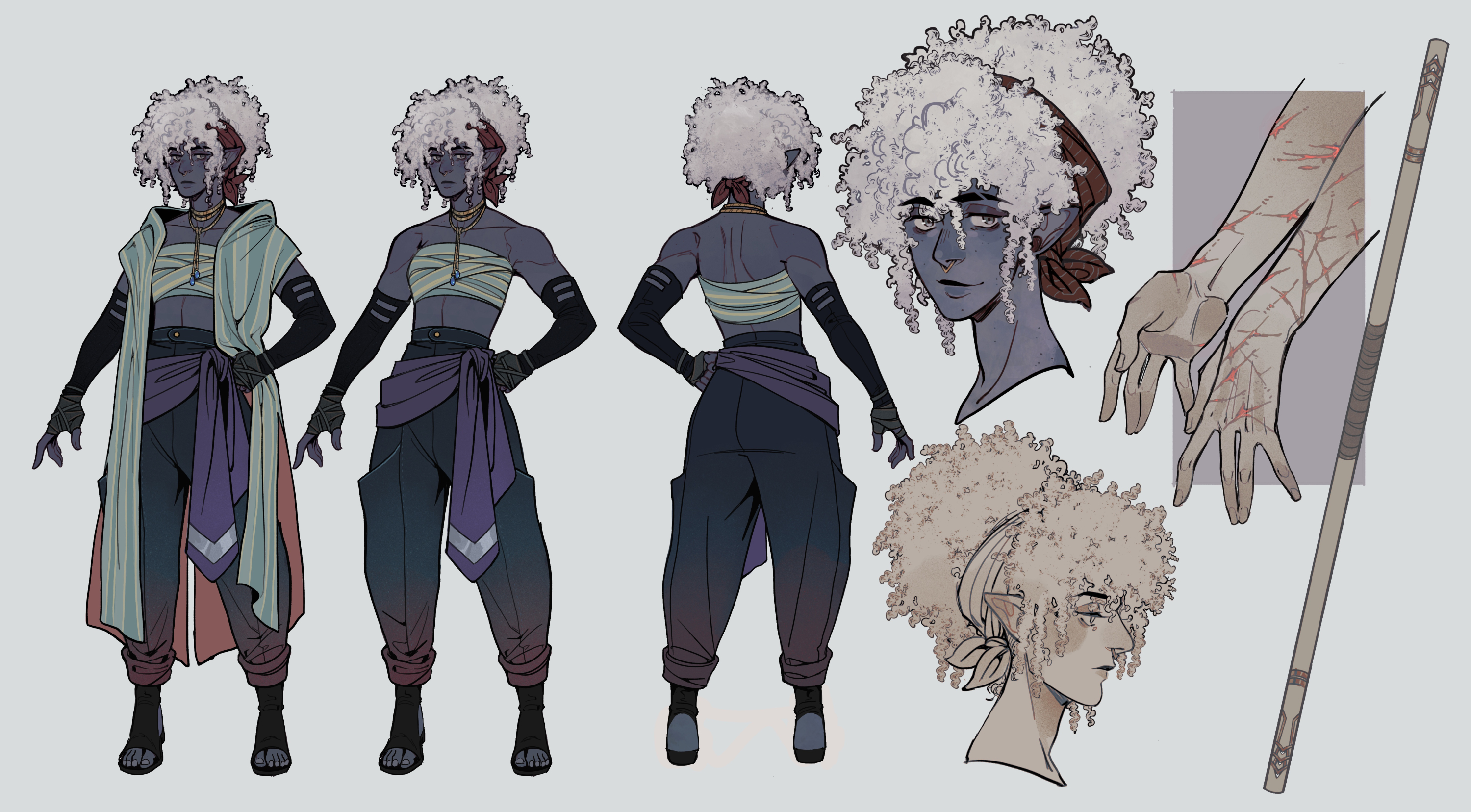 wicksandwheat, fluffy hair, commission, highres, 1girl, afro, bandaged chest, bandaged hand, bandages, bandana, bare shoulders, blue skin, boots, cloak, collarbone, colored skin, curly hair, detached sleeves, elbow gloves, face piercing, facing away, from behind, full body, gloves, hands on own hips, headscarf, jewelry, multiple views, necklace, nose piercing, nose ring, open-toe boots, pants, pants rolled up, piercing, pointy ears, red bandana, reference sheet, sash, scar, scar on arm, scar on hand, simple background, smile, stick, toned, toned female, turnaround, two-sided cloak, two-sided fabric, variations, white hair