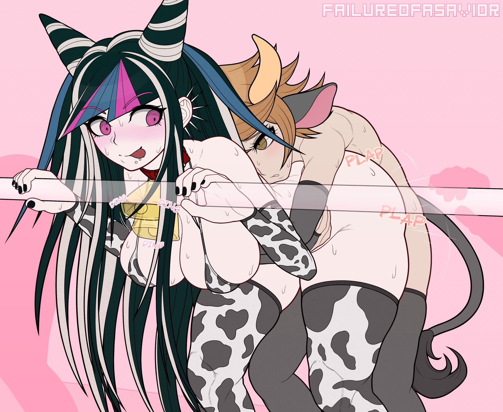 failureofasavior, fujisaki chihiro, mioda ibuki, danganronpa: trigger happy havoc, danganronpa (series), highres, 1boy, 1girl, :p, animal ears, animal print, artist name, bikini, black gloves, black nails, black thighhighs, blush, brown eyes, brown hair, cow ears, cow horns, cow print, cow print bikini, cow print sleeves, cow print thighhighs, cow tail, fingerless gloves, gloves, hetero, horns, hug, hug from behind, nail polish, pink background, print bikini, print thighhighs, sex, sex from behind, short hair, simple background, smile, sweat, swimsuit, tail, teeth, thighhighs, tongue, tongue out