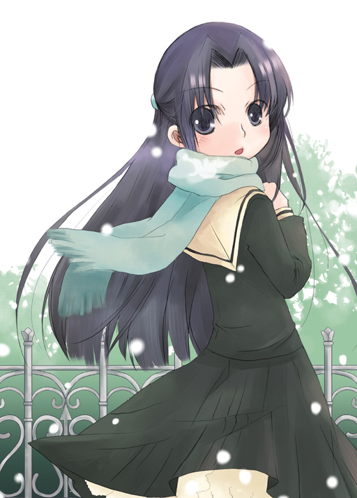 hayashi tsugumi, hosokawa kanako, maria-sama ga miteru, 00s, 1girl, :o, black hair, blue eyes, cowboy shot, dress, female focus, from behind, green dress, green scarf, half updo, long hair, looking at viewer, open mouth, sailor collar, sailor dress, scarf, snowing, solo, standing, very long hair