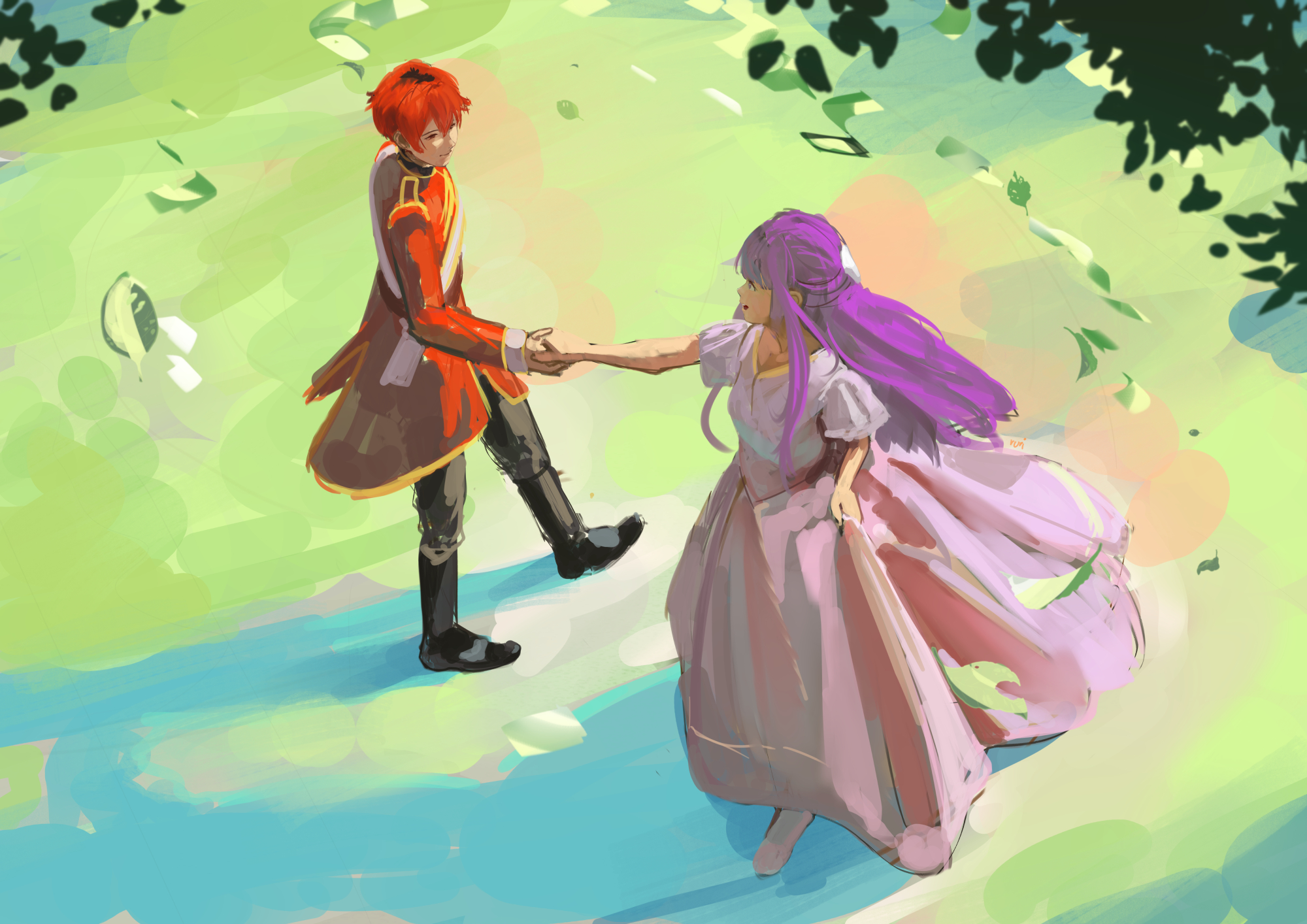rurikon, fern (sousou no frieren), stark (sousou no frieren), sousou no frieren, highres, 1boy, 1girl, black boots, black pants, boots, braid, dress, half up braid, holding hands, jacket, long hair, looking at another, open mouth, pants, purple eyes, purple hair, red eyes, red hair, red jacket, short hair, white dress